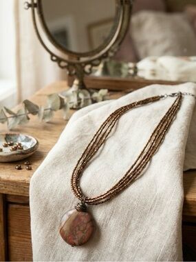 Layered Brown Beaded Necklace with Jasper Pendant